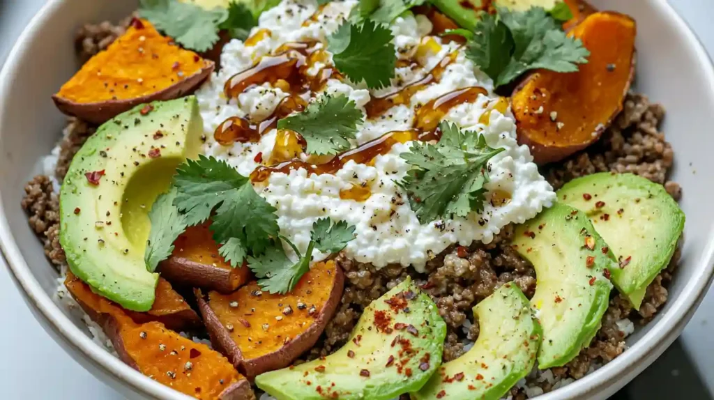 Cottage Cheese Taco Bowl with seasoned ground beef, sweet potatoes, avocado slices, cilantro, and cottage cheese drizzled with sauce.
