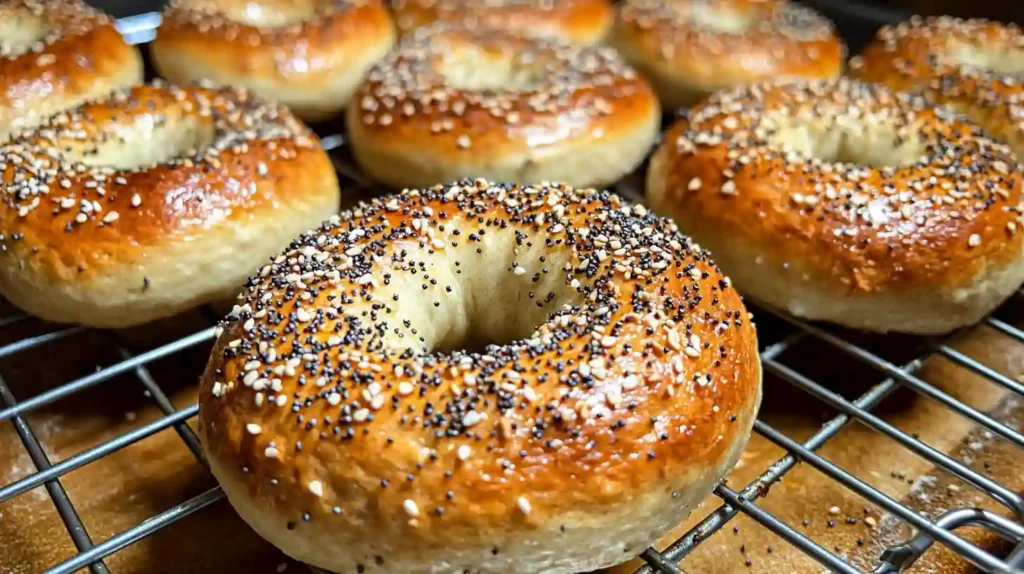 Freshly baked two-ingredient protein bagels cooling on a wire rack, topped with everything bagel seasoning.