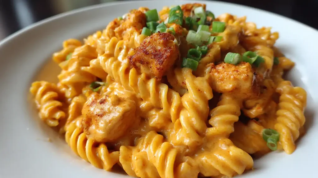 Close-up of High Protein Buffalo Chicken Mac and Cheese in a rustic bowl, garnished with creamy drizzle and fresh green onions.