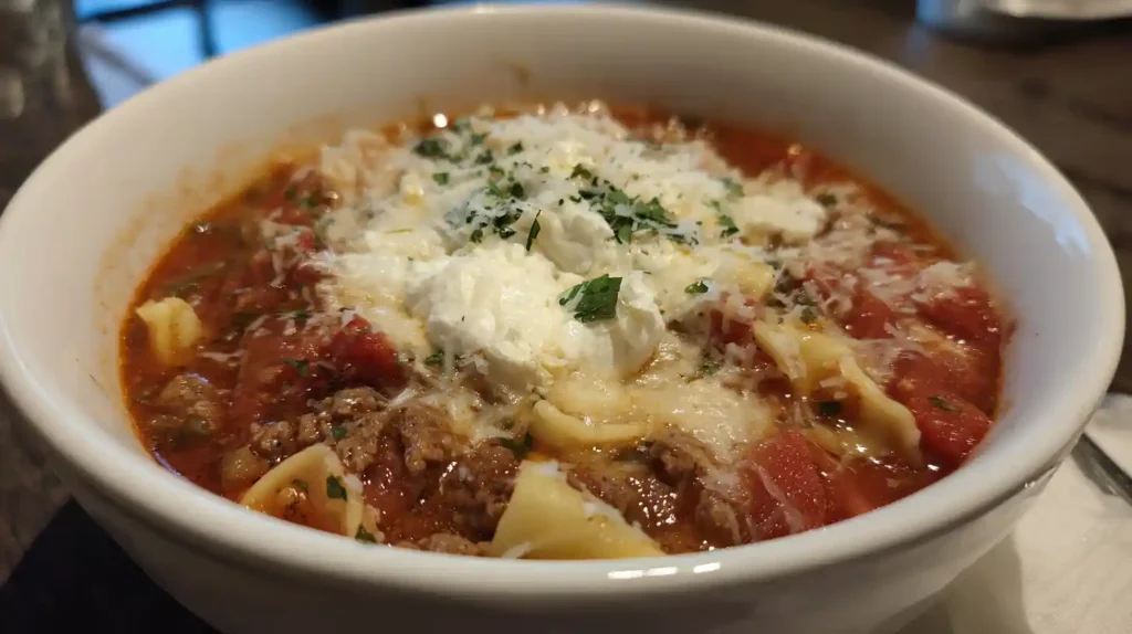 High-Protein Lasagna Soup in a white bowl with ground meat, lasagna noodles, and melted cheese.
