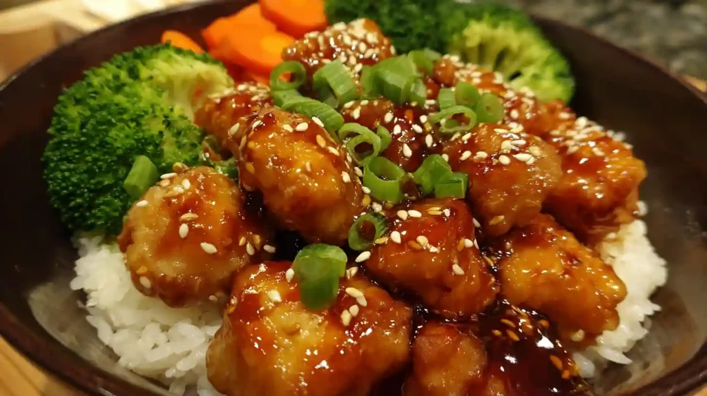 A beautifully presented Teriyaki Chicken Bowl with glossy chicken, fluffy rice, and fresh broccoli, garnished with sesame seeds and scallions.