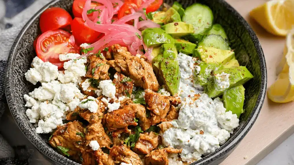 Vibrant chicken tzatziki bowl featuring seasoned chicken, creamy tzatziki sauce, fresh avocado, cucumber, tomatoes, pickled onions, and crumbled cheese in a dark ceramic bowl.