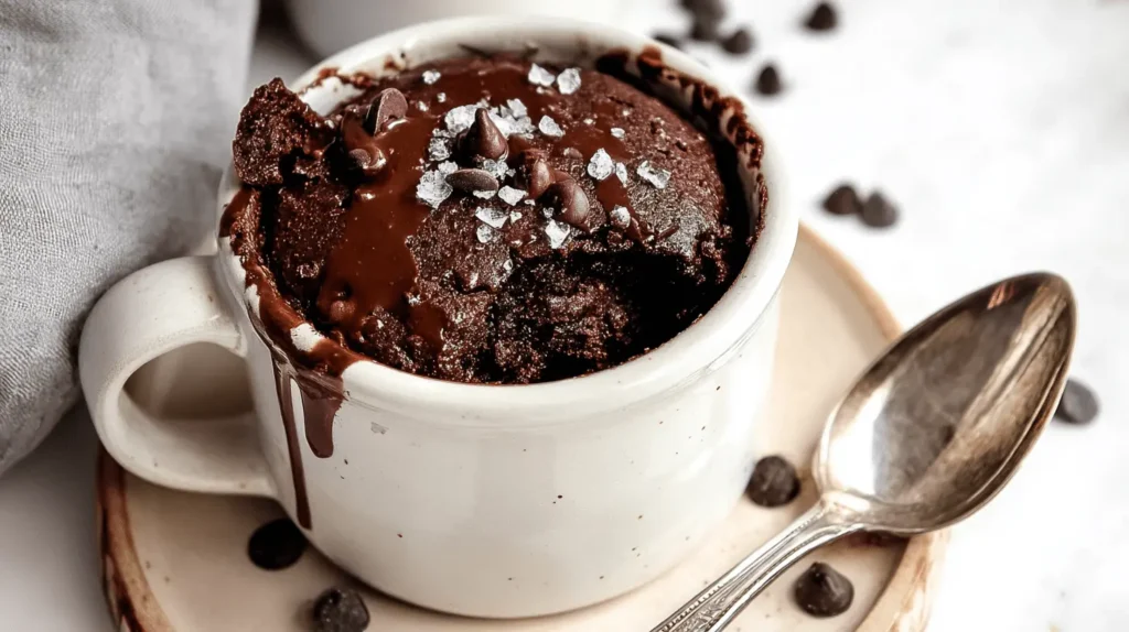 Indulgent chocolate protein mug cake with melted chocolate, chips, and flaky sea salt in a rustic cream mug.
