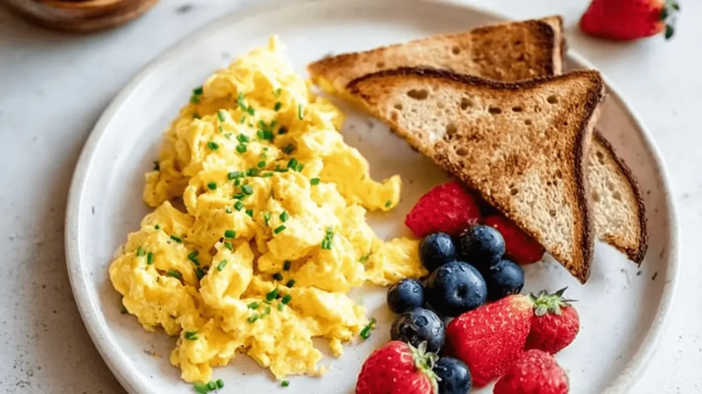Vibrant breakfast plate featuring fluffy Cottage Cheese Scrambled Eggs, golden toast, and fresh mixed berries with chives.