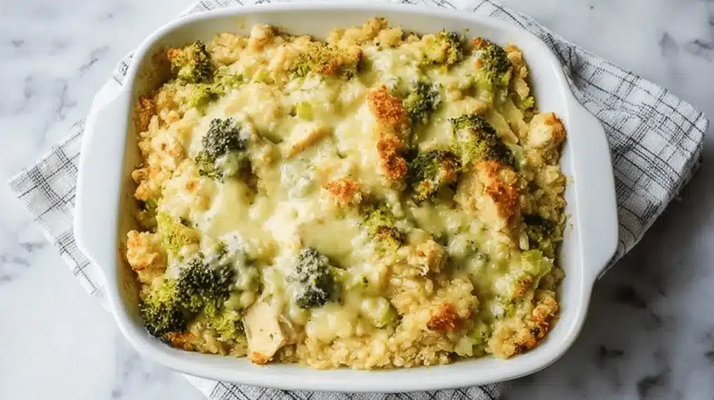 Deliciously baked Broccoli Cauliflower Rice Chicken Casserole, topped with golden melted cheese and visible roasted broccoli florets, served in a white ceramic dish.
