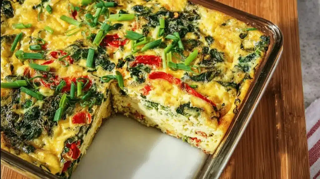 Delicious Cottage Cheese Egg Bake with Veggies in a glass dish, featuring spinach, red peppers, and chives.