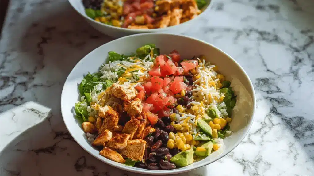 Vibrant chicken burrito bowl with grilled chicken, black beans, corn, avocado, diced tomatoes, shredded cheese, and fresh lettuce on white rice, set on a marble countertop.