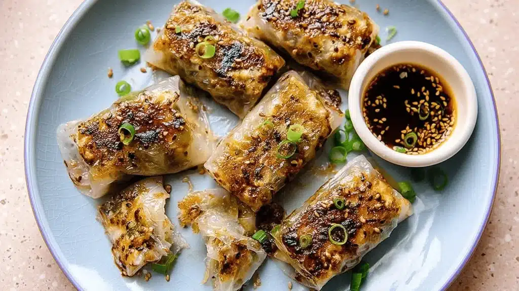 Golden-brown pan-fried rice paper dumplings with a crispy texture, garnished with sesame seeds and green onions, served with a side of dipping sauce on a light blue plate.