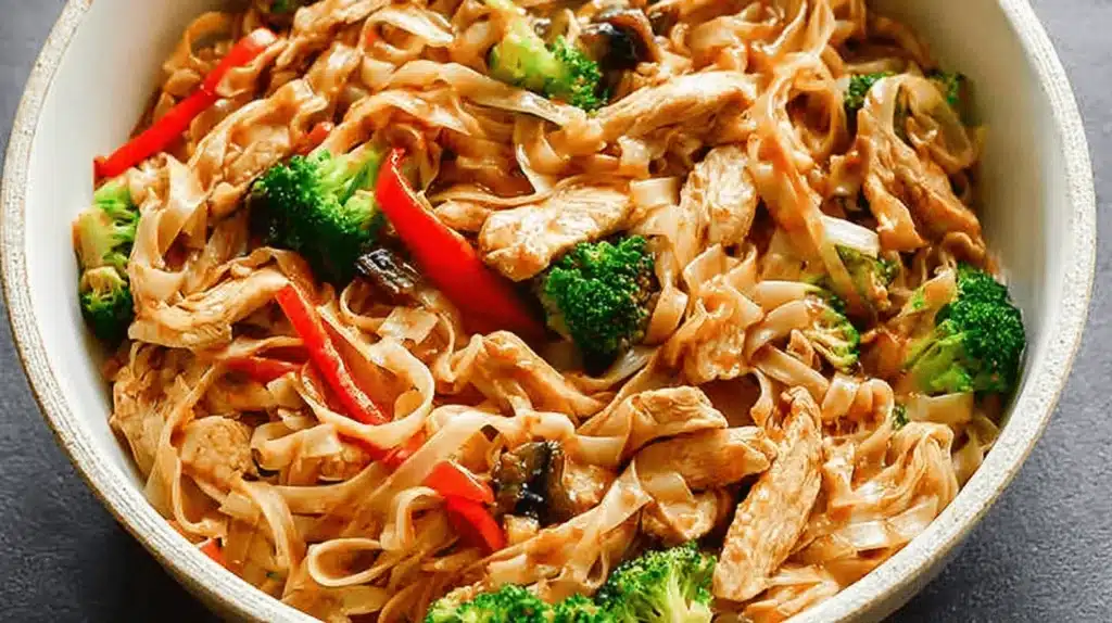 A close-up of a rustic bowl filled with chicken stir fry with noodles, vibrant broccoli, red peppers, and mushrooms coated in a rich brown sauce.