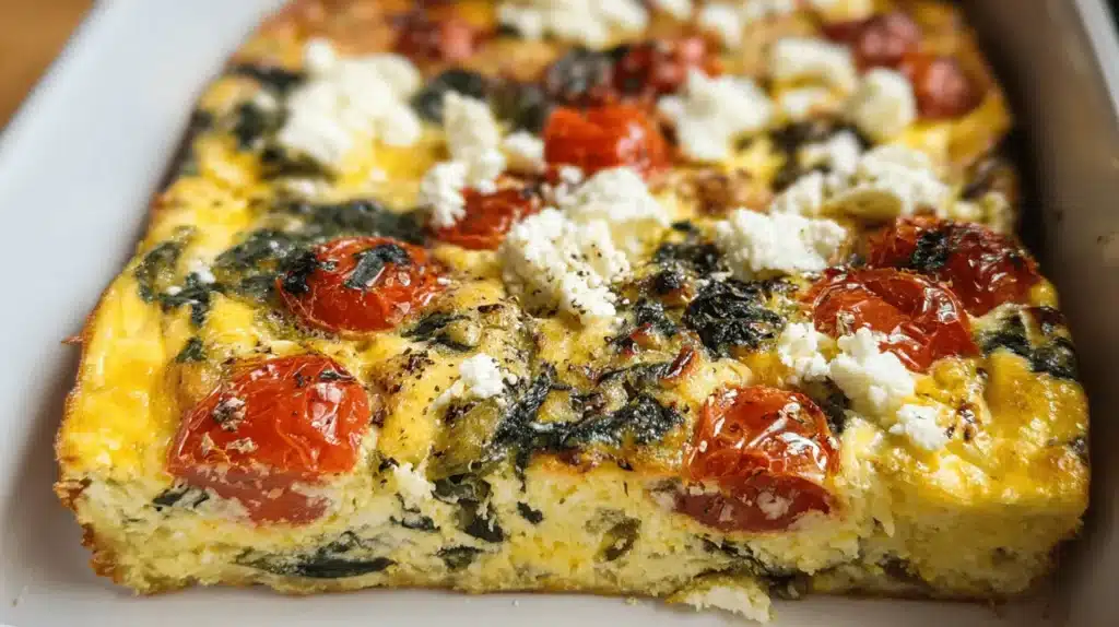 Vibrant mediterranean breakfast casserole with tomatoes, spinach, and feta in a white baking dish.