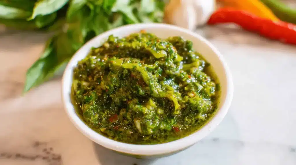 Close-up of a vibrant green, chunky sofrito in a white bowl, with fresh herbs and peppers blurred in the background, perfect for any sofrito recipe.
