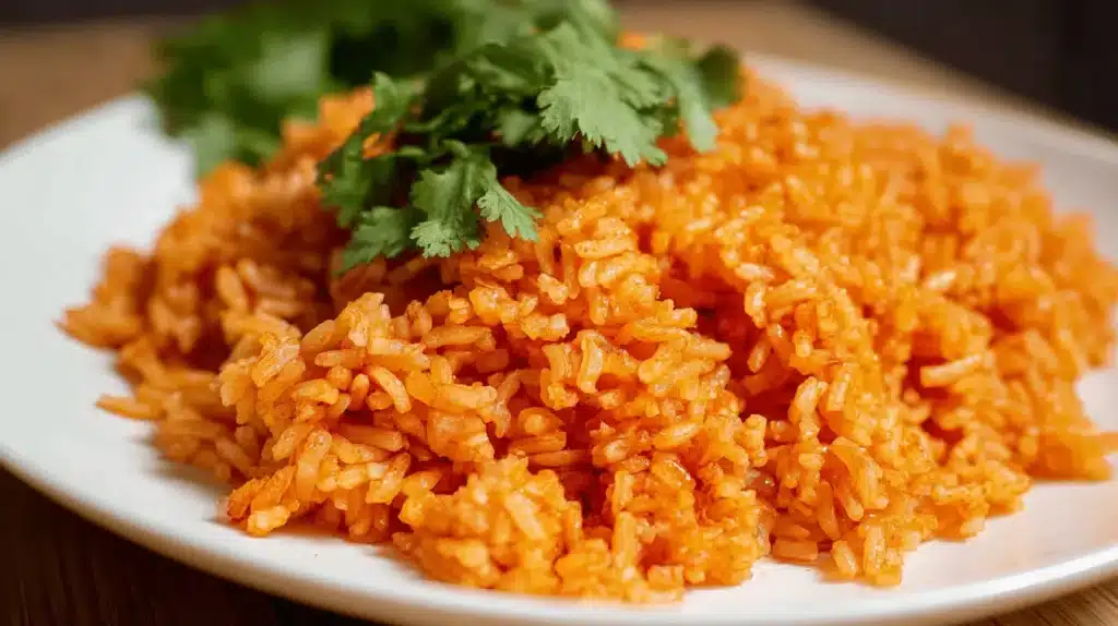 Close-up of vibrant reddish-orange spanish rice garnished with fresh green cilantro on a white plate.