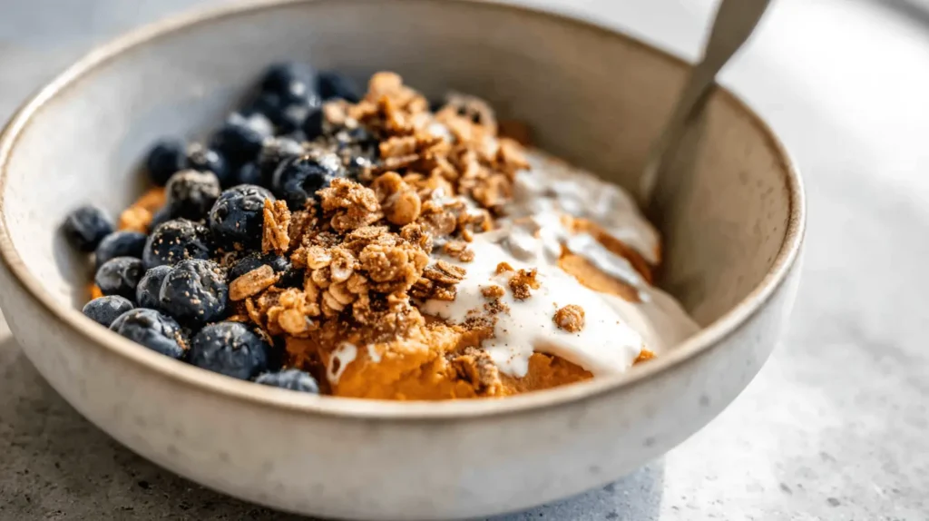 Vibrant sweet potato breakfast bowl with blueberries, granola, and creamy yogurt.