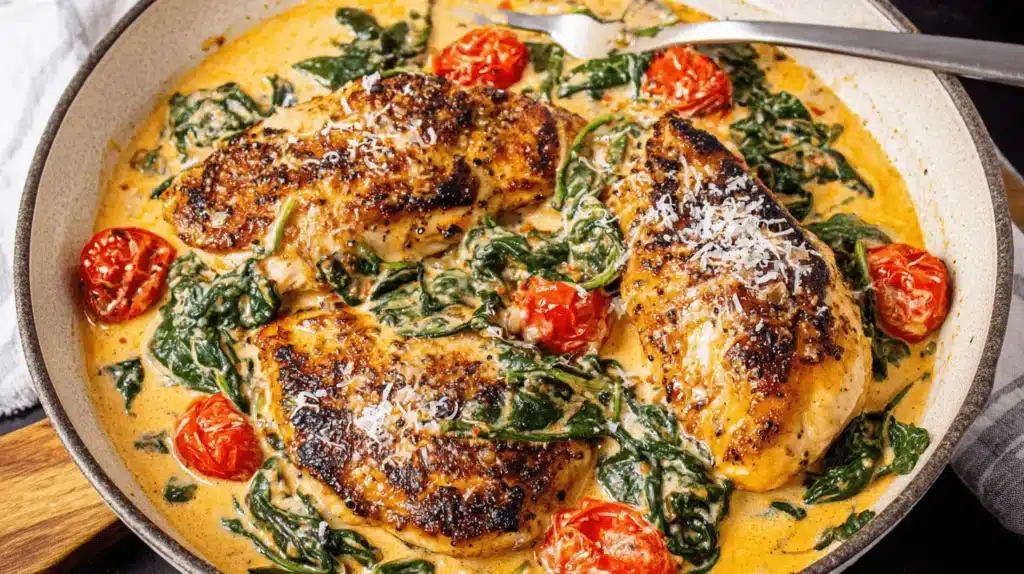 Close-up of creamy Tuscan chicken with spinach and cherry tomatoes in a rustic pan, ready to eat.