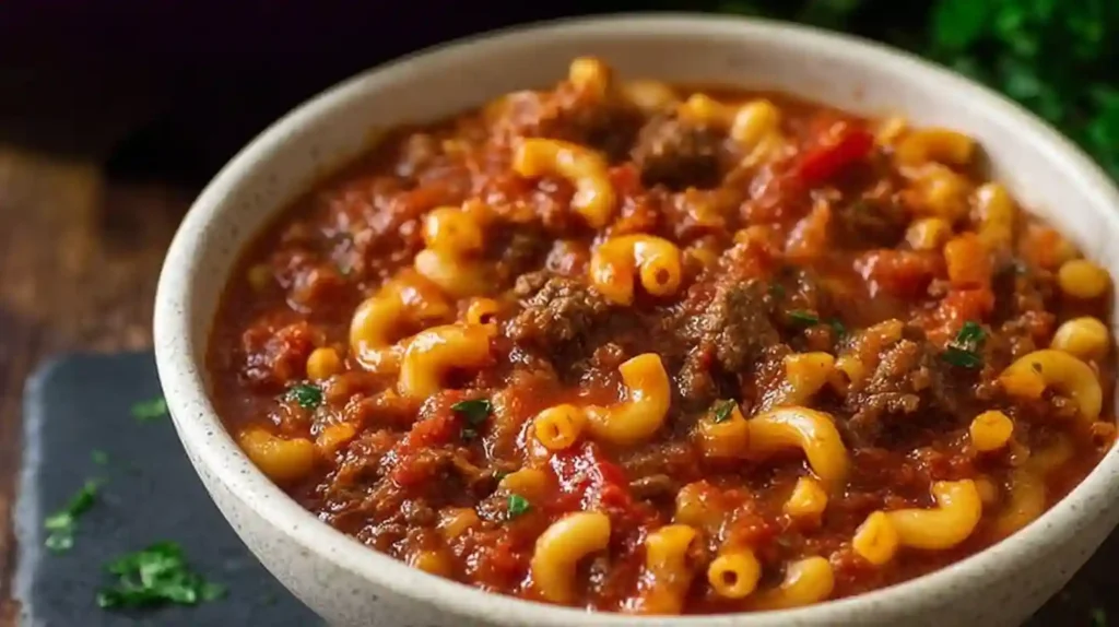 Bowl of classic goulash recipe made with ground beef, macaroni, and a rich tomato sauce