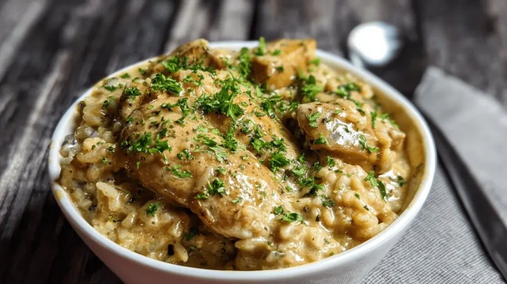 Close-up of creamy Smothered Chicken and Rice in a white bowl on a rustic wooden background.