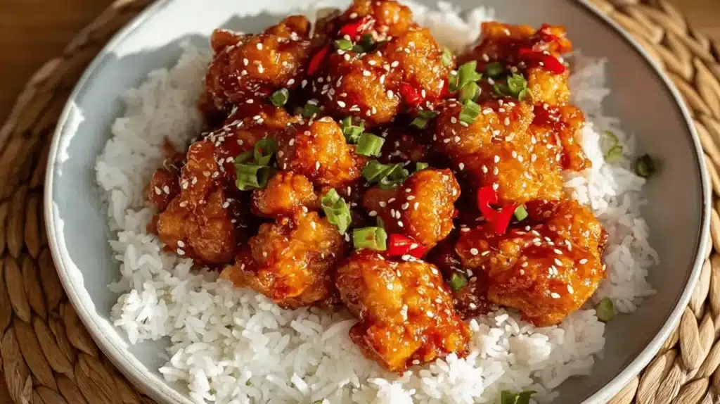 Close-up of crispy sweet chili chicken garnished with sesame seeds, scallions, and red chilies, served over white rice in a ceramic bowl.