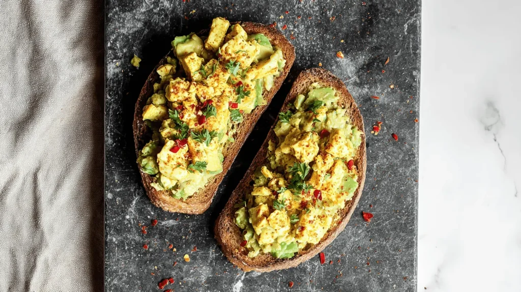 Overhead view of two delicious slices of tofu avocado toast on dark whole-grain bread, garnished with fresh herbs, on a dark stone surface.