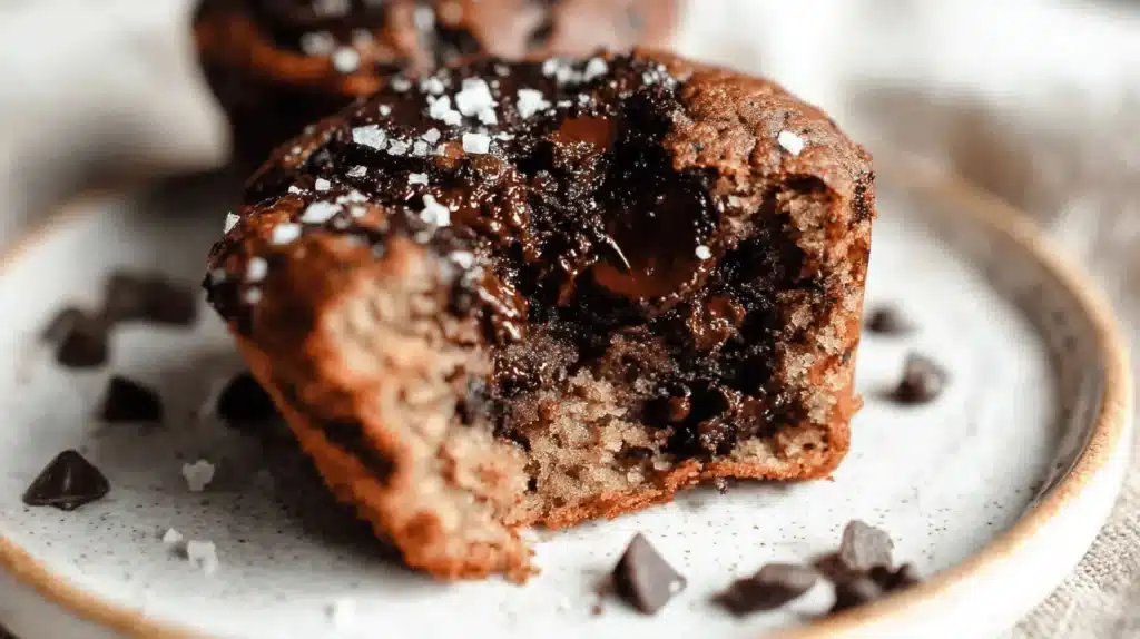 Close-up of a partially eaten golden-brown Banana Protein Muffins with molten chocolate and sea salt flakes.