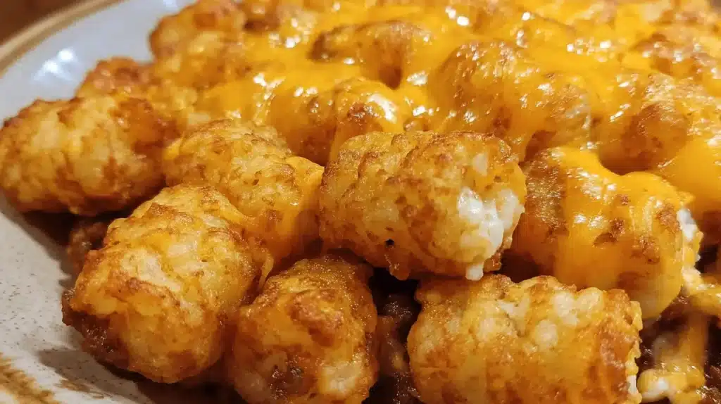 A close-up of a warm, gooey Chili Cheese Tater Tot Casserole topped with golden-brown tater tots and melted orange cheese over a savory chili base.