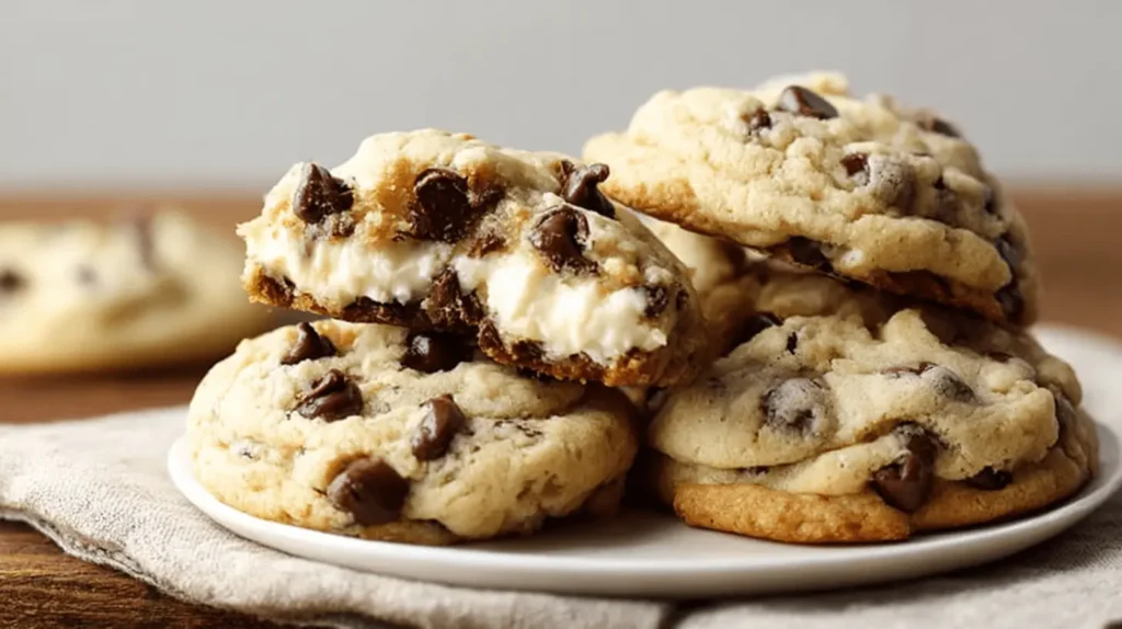 A close-up of stacked homemade Chocolate Chip Cheesecake Cookies with a creamy filling visible in a broken cookie.