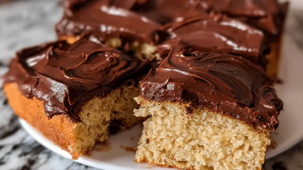 Close-up of a delicious slice of Chocolate Chip Oat Flour Cake, generously covered in rich dark chocolate frosting on a white plate.