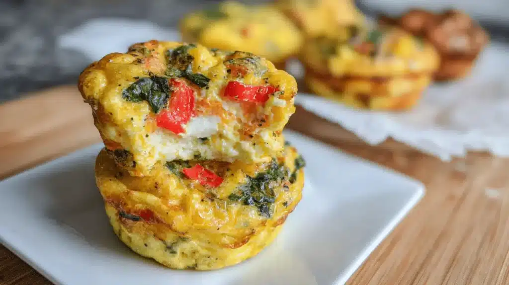 Close-up of two golden-yellow Cottage Cheese Egg Muffins stacked on a white plate, revealing a fluffy interior with red bell pepper and green spinach.