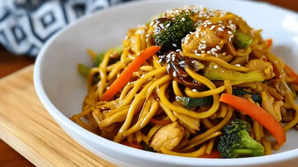 A vibrant close-up of a bowl of Gluten Free Chicken Lo Mein with tender chicken, colorful vegetables, and thick noodles, garnished with sesame seeds.