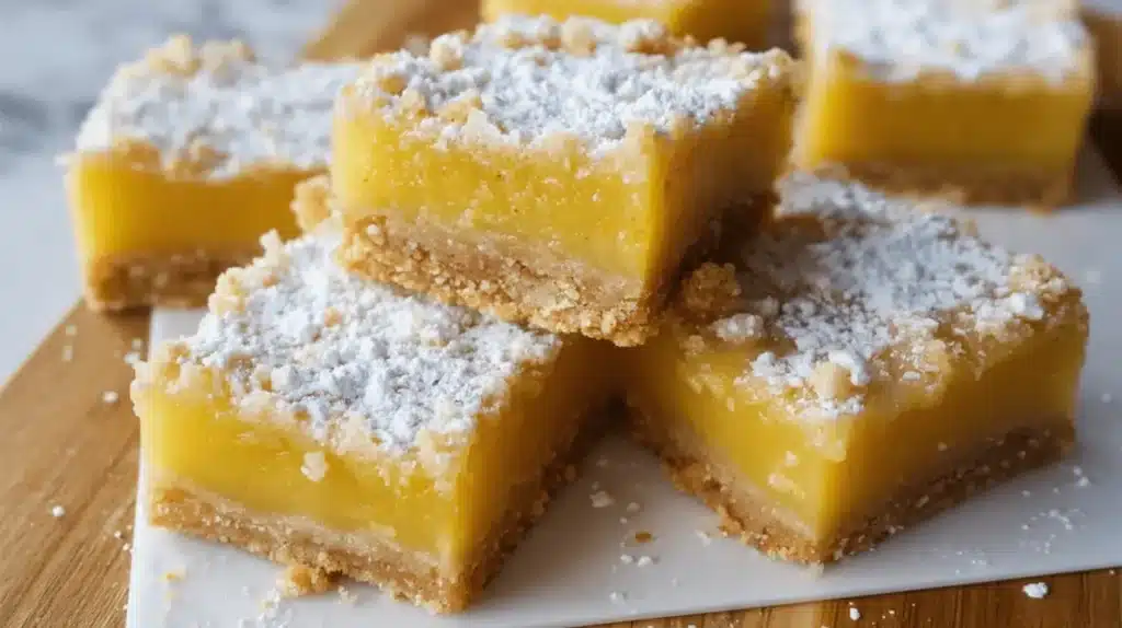 Freshly baked Gluten Free Lemon Bars with a crumbly crust, vibrant lemon filling, and a dusting of powdered sugar, served on a white platter.