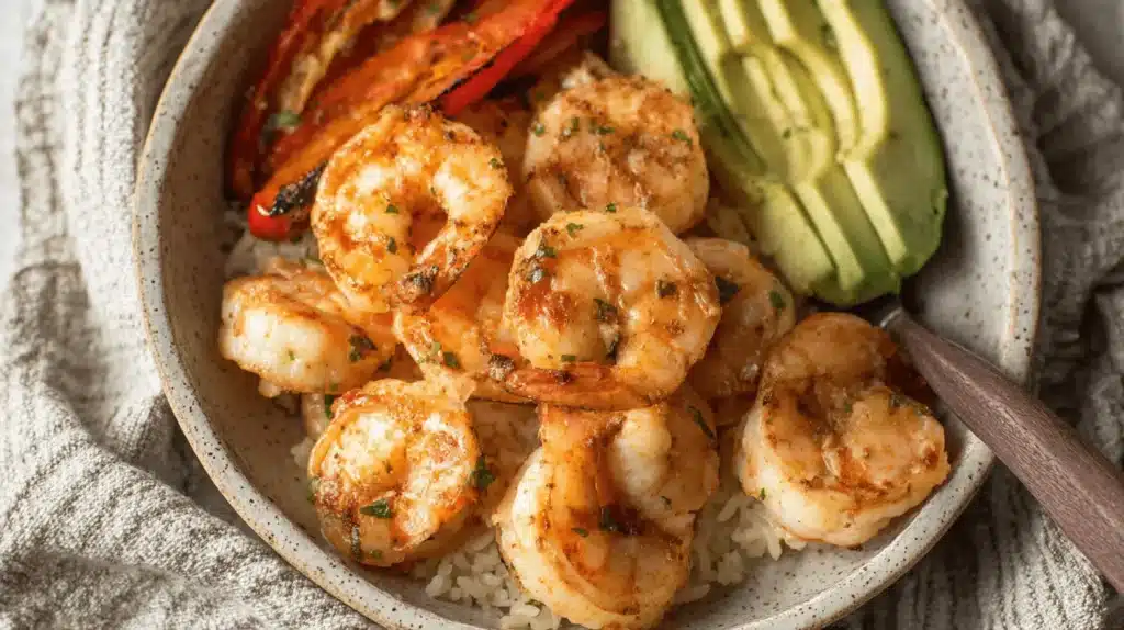 Overhead view of a vibrant Grilled Shrimp Bowl Recipe featuring plump grilled shrimp, fresh avocado, roasted red peppers, and fluffy rice.