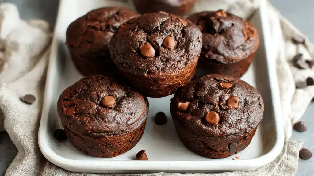 Freshly baked High Protein Greek Yogurt Chocolate Muffins with chocolate chips on a white tray.