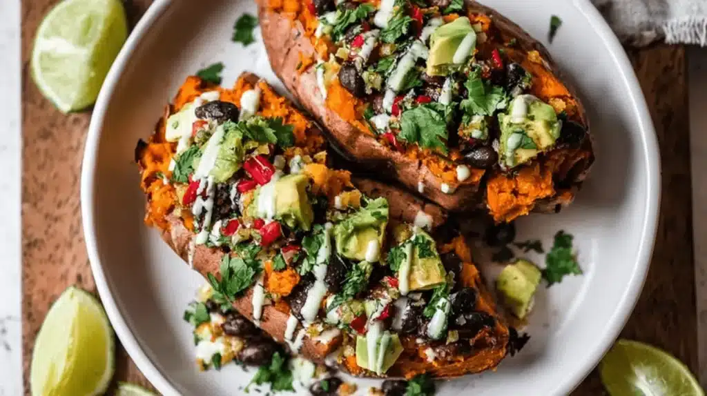 Vibrant Mexican Stuffed Sweet Potatoes loaded with black beans, avocado, and cilantro on a white plate.