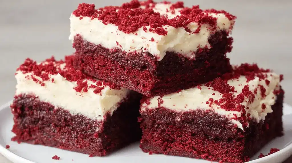 Three slices of decadent Red Velvet Brownies with cream cheese frosting and crumb topping on a white plate.