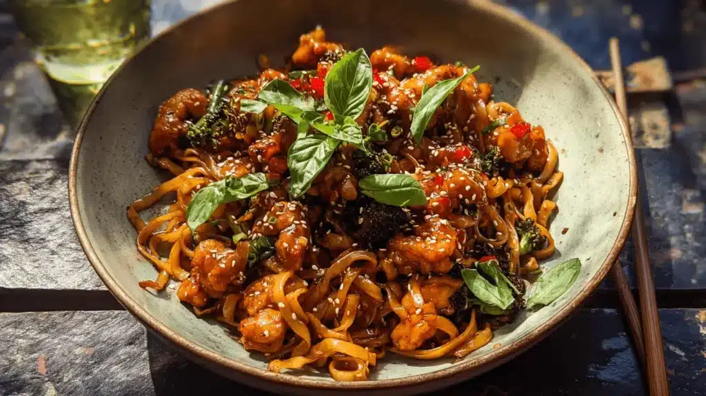A close-up of a beautifully lit Spicy Garlic Chicken and Broccoli Noodle dish, served in a rustic ceramic bowl with chopsticks, garnished with sesame seeds and fresh basil.