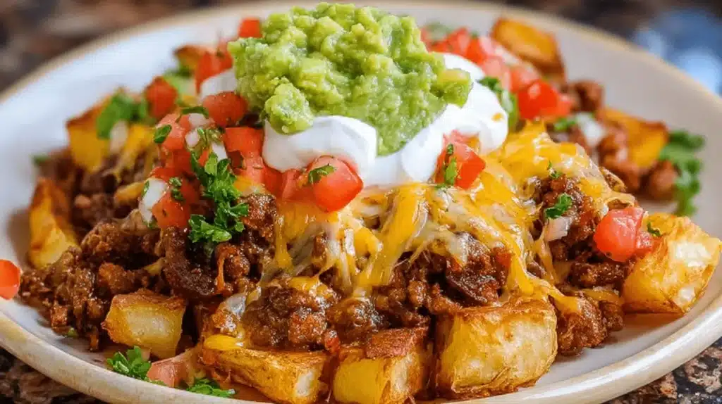 A hearty dish of golden-brown crispy potato chunks loaded with seasoned ground meat, melted cheese, sour cream, guacamole, and fresh pico de gallo, showcasing delicious Taco Potatoes.