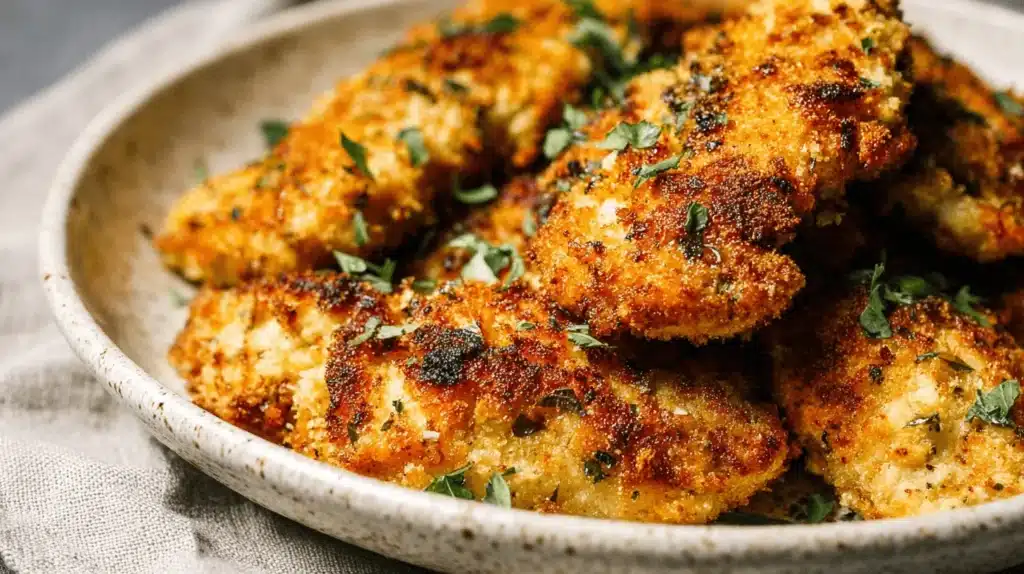 Close-up of golden-brown baked parmesan crusted chicken tenders garnished with fresh parsley in a rustic bowl.