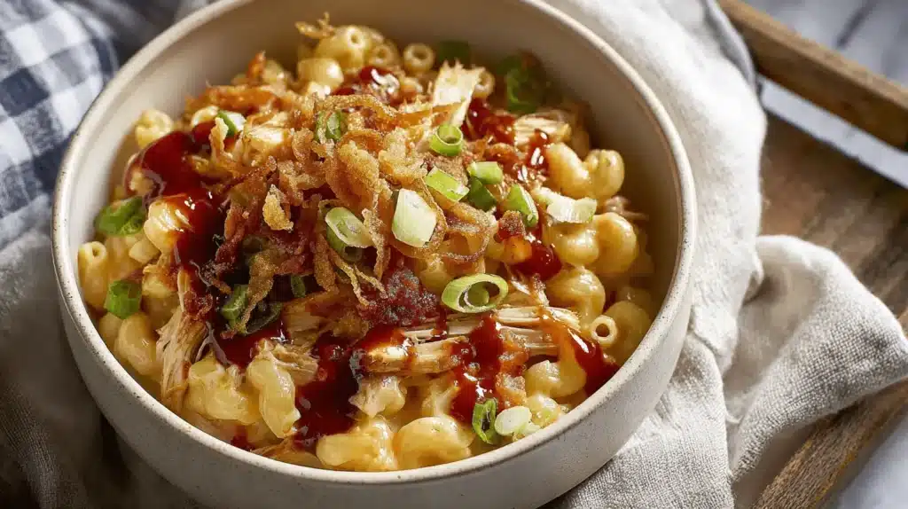 A close-up, top-down view of a rustic bowl of loaded bbq chicken mac and cheese, topped with crispy onions, BBQ sauce, and green onions.