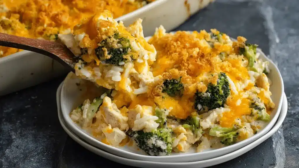 A serving of warm chicken broccoli rice cheese casserole, rich with melted cheese and a crispy topping, being scooped from a baking dish.