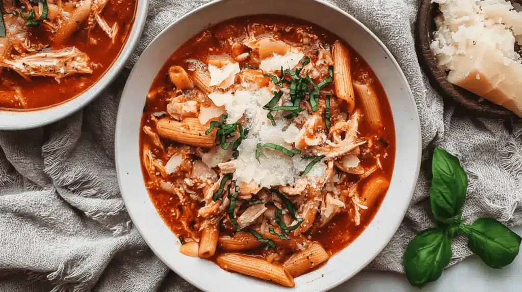 Overhead view of a delicious and hearty bowl of crockpot chicken parmesan soup with penne pasta, shredded chicken, melted Parmesan cheese, and fresh basil on a rustic fabric background.