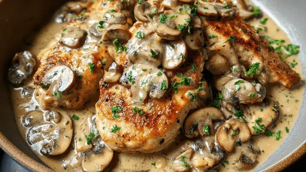 Close-up of pan-seared mushroom chicken cutlets drenched in a rich, creamy sauce and garnished with fresh herbs.