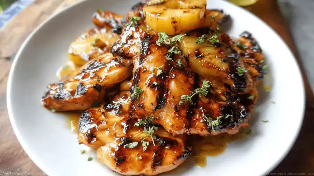 Delectable grilled brown sugar pineapple chicken with char marks and fresh herbs on a white plate.