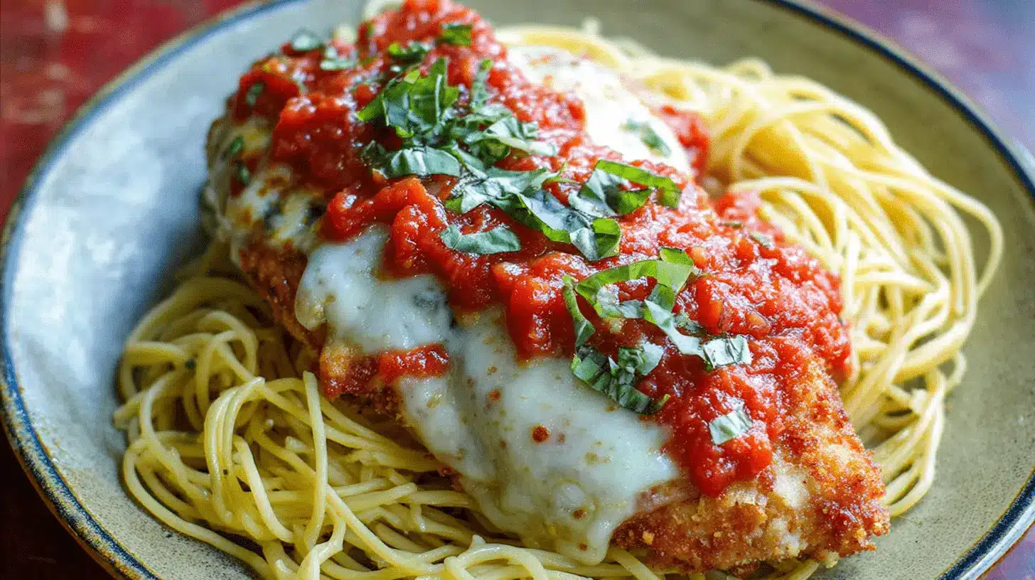 Close-up of a delicious chicken parmesan recipe served over spaghetti with melted mozzarella, rich tomato sauce, and fresh basil.