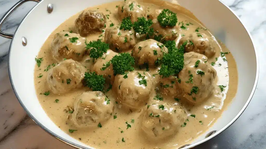 A pan of creamy, parsley-garnished Swedish meatballs Recipe.