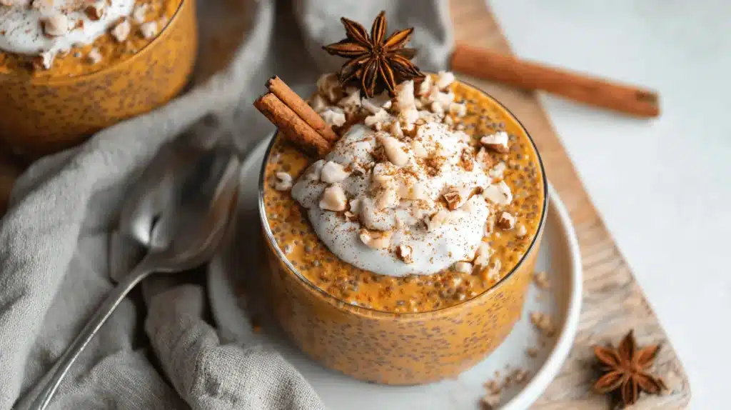 A close-up of a glass bowl filled with creamy High Protein Pumpkin Chia Pudding, topped with whipped cream, chopped nuts, cinnamon sticks, and star anise.