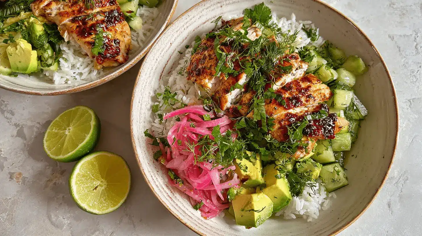 Vibrant Honey Lime Chicken & Rice Bowls with grilled chicken, avocado, cucumber, pickled onions, and fresh limes.