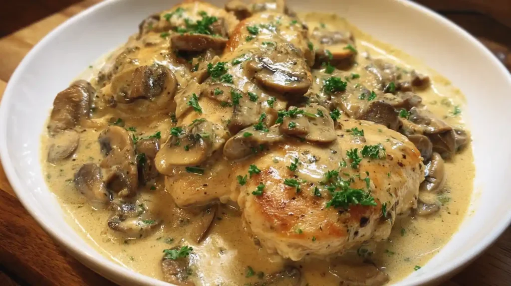 Chicken Marsala recipe with pan-seared chicken breasts in a creamy mushroom Marsala wine sauce.