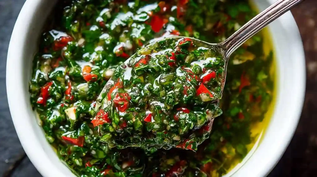 Close-up of vibrant, chunky green and red chimichurri sauce in a rustic bowl with a spoon, ideal for a homemade chimichurri recipe.