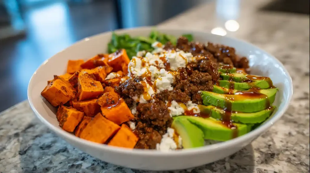 High-protein ground beef cottage cheese bowl with avocado slices, roasted sweet potatoes, rice, and savory sauce.