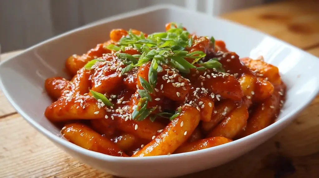 Tteokbokki recipe served in a bowl with spicy Korean rice cakes in red gochujang sauce topped with sesame seeds and green onions.