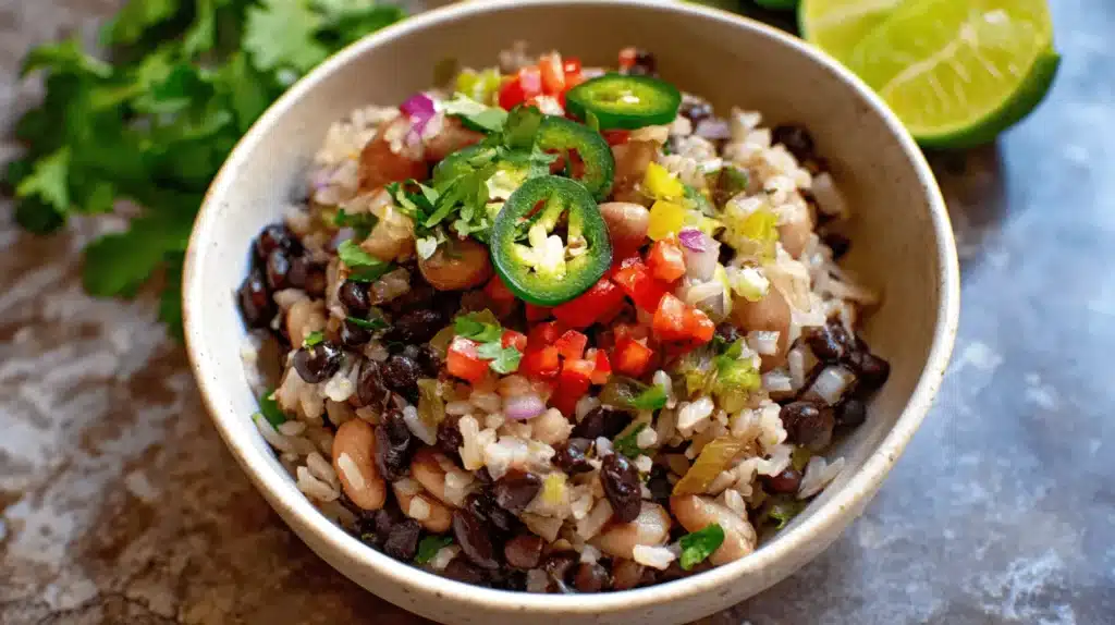 Vibrant Black Bean and Rice Bowl topped with fresh salsa, cilantro, and sliced jalapeños.